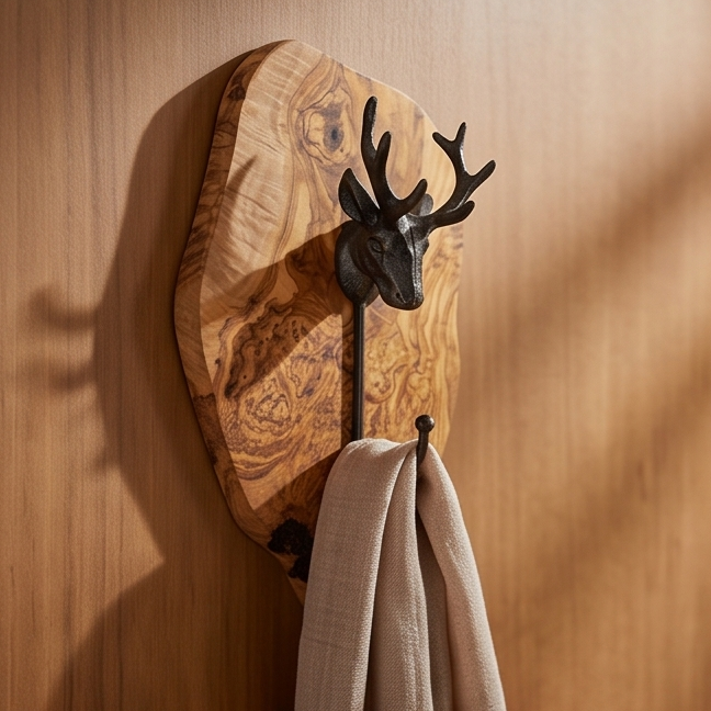 Olive wood wall plaque with a cast iron stag head and coat hook