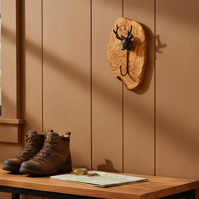 Freeform Olive Wood Stag Head Wall Hook | Luxury Cast Iron Deer Antler Coat Hanger