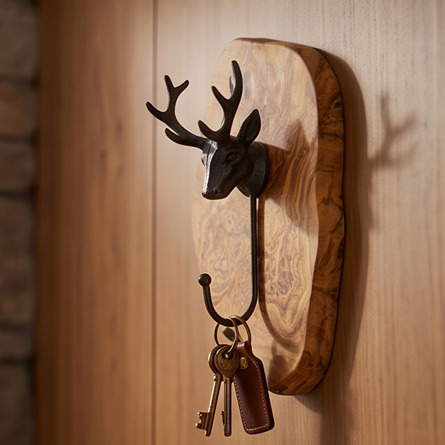 Freeform Olive Wood Stag Head Wall Hook | Luxury Cast Iron Deer Antler Coat Hanger