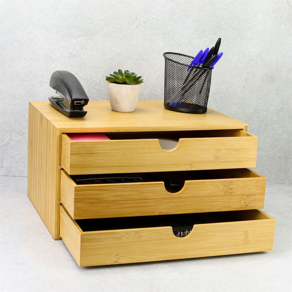 Another view of the M&W three-drawer bamboo desktop organiser